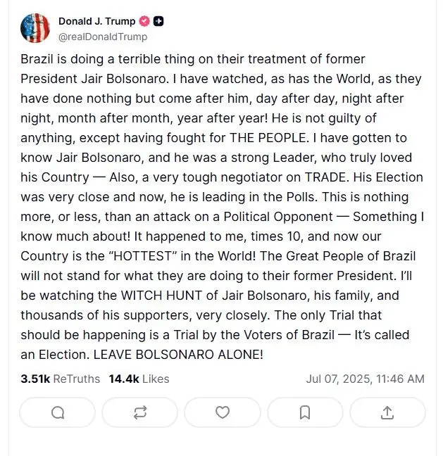 Trump diz que Bolsonaro é perseguido no Brasil