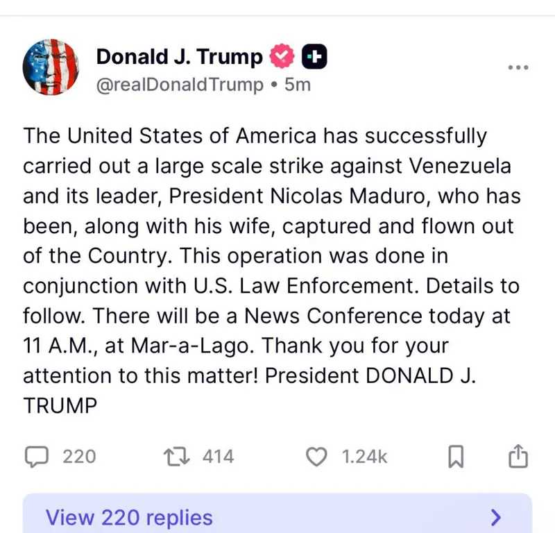 Governo dos EUA anuncia captura de Maduro em ação militar